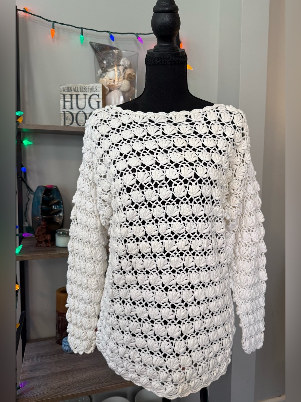 Vintage Reitmans Classics Crochet Fan Stitch Sweater Cream Coastal Grandmacore M